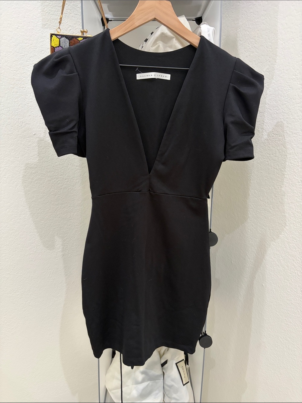 Susana Monaco Black V-Neck Puff Sleeve Mini Dress